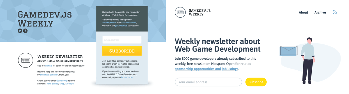Enclave Games - Gamedev.js Weekly's website: old vs new